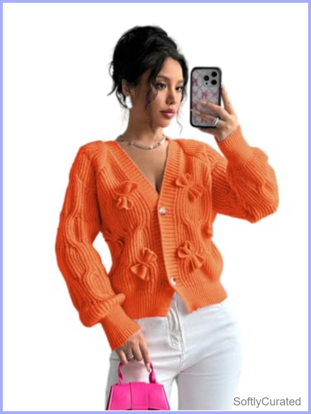 Cropped Bow Chunky Knit Cardigan Open Front Button Up Cozy Long Sleeve